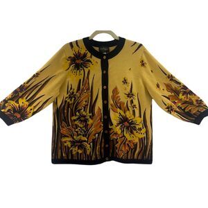 Bob Mackie Yellow Floral Cardigan Wearable Art Women's Large